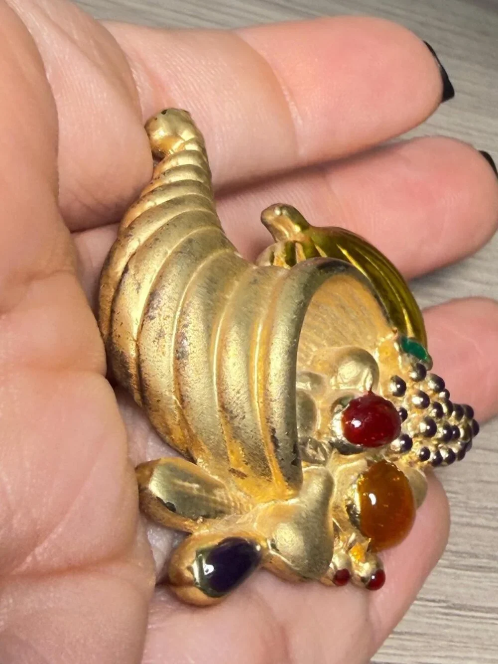 Vintage Cornucopia Brooch Gold Tone Rhinestone Fruit Fall Harvest 2.6”